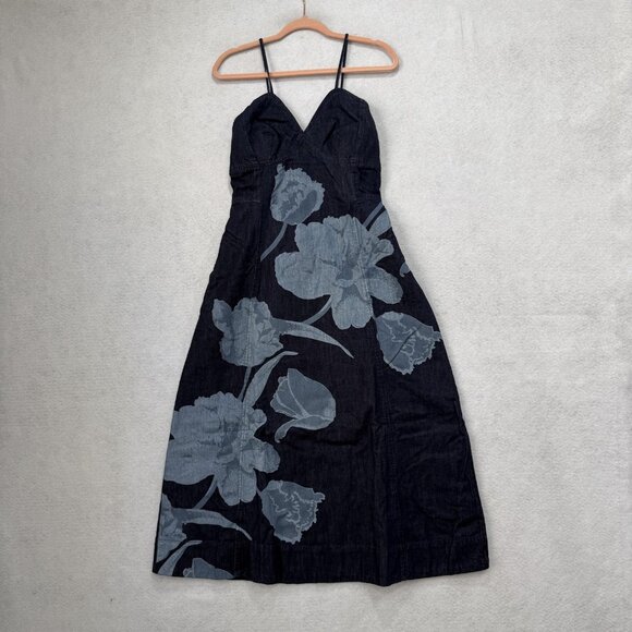 Sundance Dresses & Skirts - Sundance Dress Womens 12 Blue Denim Floral Spaghetti Strap V Neck Midi A Line